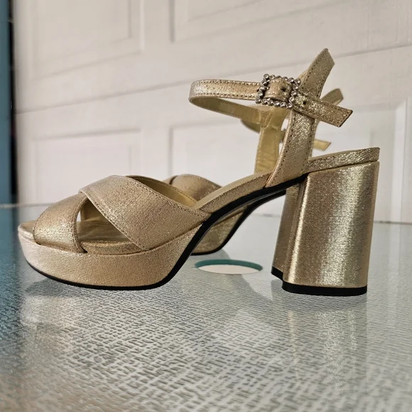 Kenneth Cole Reaction 7.5 Gold Block Heel Sandals Platform Strappy Party Glam - Picture 3 of 8